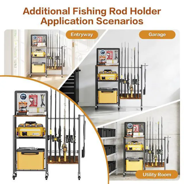 Alt view image 6 of 6 - Fishing Rod Holders, Rolling Fishing Rod Rack for Garage & Boat, Tackle Box & Reel Holder Cart, Easy Assembly Fishing Gear Management System, Ideal Birthday Gift for Men Dad Anglers