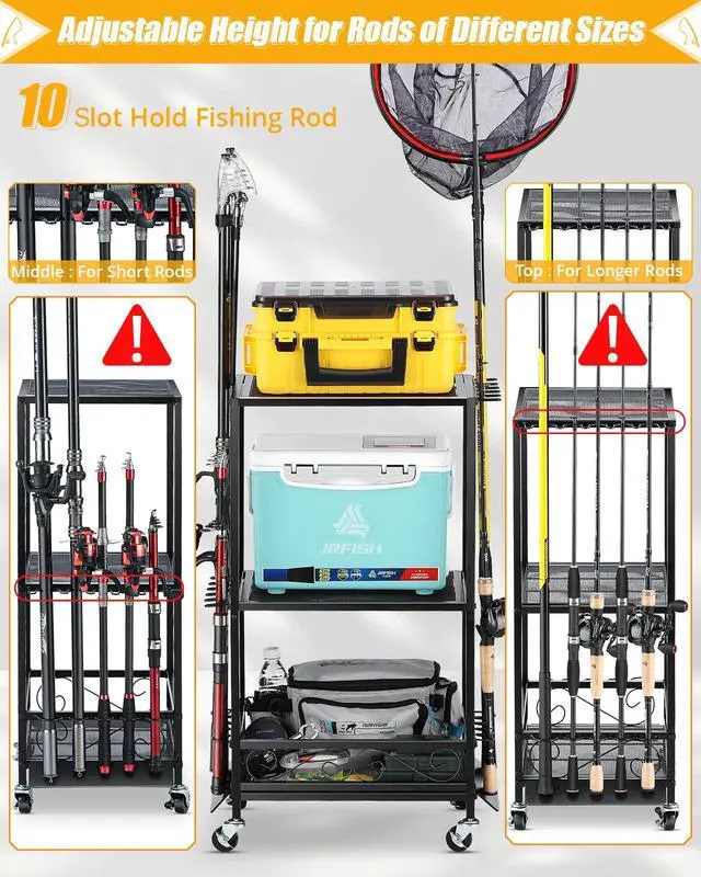 Alt view image 2 of 6 - Fishing Rod Holder - Fishing Pole Rack for 10 Rods - Adjustable Height Fishing Gear Equipment Organizer Storage Solution for Garage Basement or Indoor