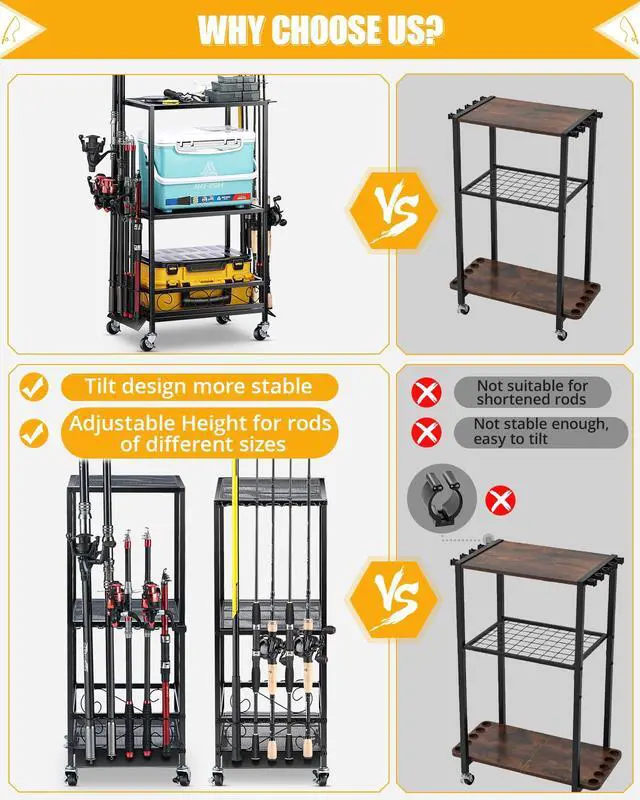 Alt view image 4 of 6 - Fishing Rod Holder - Fishing Pole Rack for 10 Rods - Adjustable Height Fishing Gear Equipment Organizer Storage Solution for Garage Basement or Indoor