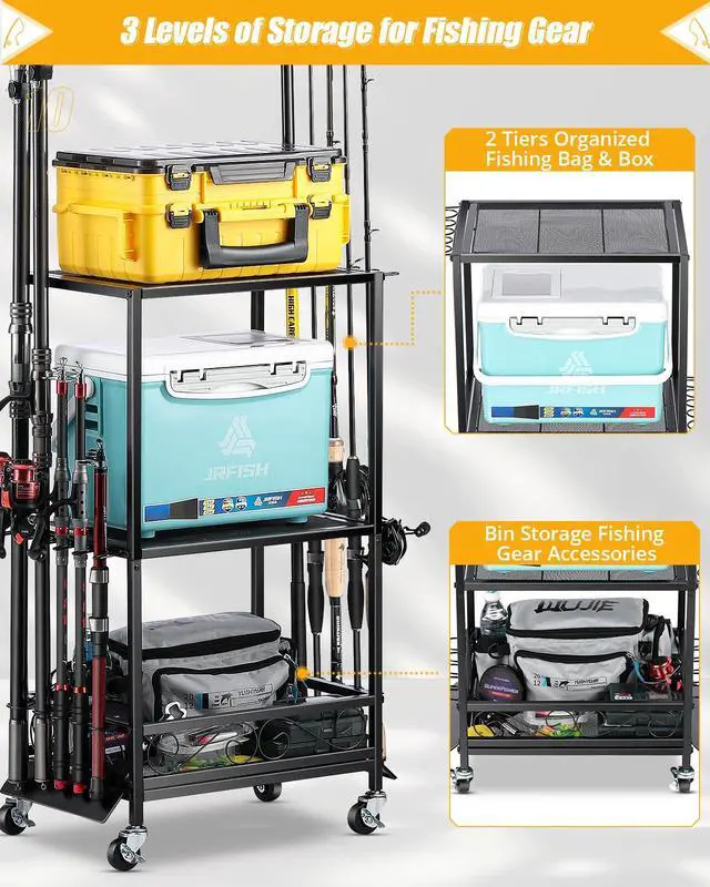 Alt view image 3 of 6 - Fishing Rod Holder - Fishing Pole Rack for 10 Rods - Adjustable Height Fishing Gear Equipment Organizer Storage Solution for Garage Basement or Indoor