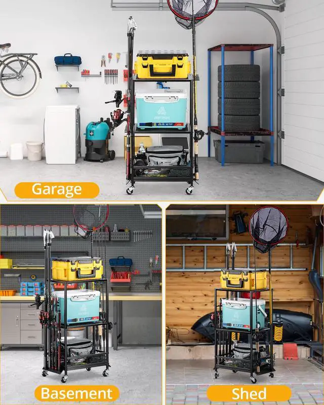 Alt view image 5 of 6 - Fishing Rod Holder - Fishing Pole Rack for 10 Rods - Adjustable Height Fishing Gear Equipment Organizer Storage Solution for Garage Basement or Indoor
