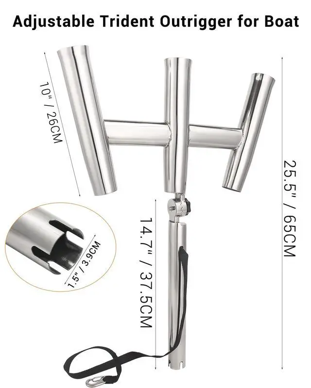 Alt view image 2 of 7 - 3 Tube Rod Holder-Stainless Steel Trident Outrigger Stylish-Tree Triple Rod Holder Adjustable Silver Kite Fishing Mount 3-Rod Racks for Boat, Ship, Yacht