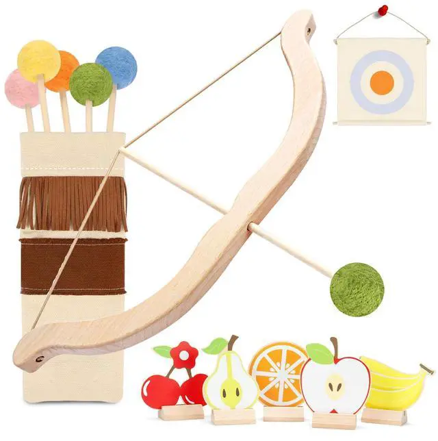 Main image of Wooden Kids Bow and Arrow Set - Safe for Ages 3+, Indoor & Outdoor Archery Gift Toys for Children, Boys & Girls, Includes 5 Arrows, 5 Fruit Targets, 1 Cotton Quiver