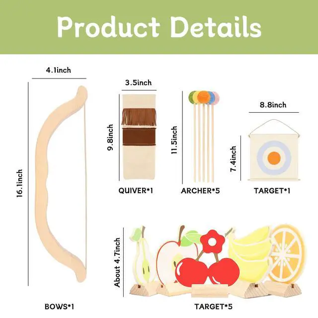 Alt view image 6 of 7 - Wooden Kids Bow and Arrow Set - Safe for Ages 3+, Indoor & Outdoor Archery Gift Toys for Children, Boys & Girls, Includes 5 Arrows, 5 Fruit Targets, 1 Cotton Quiver