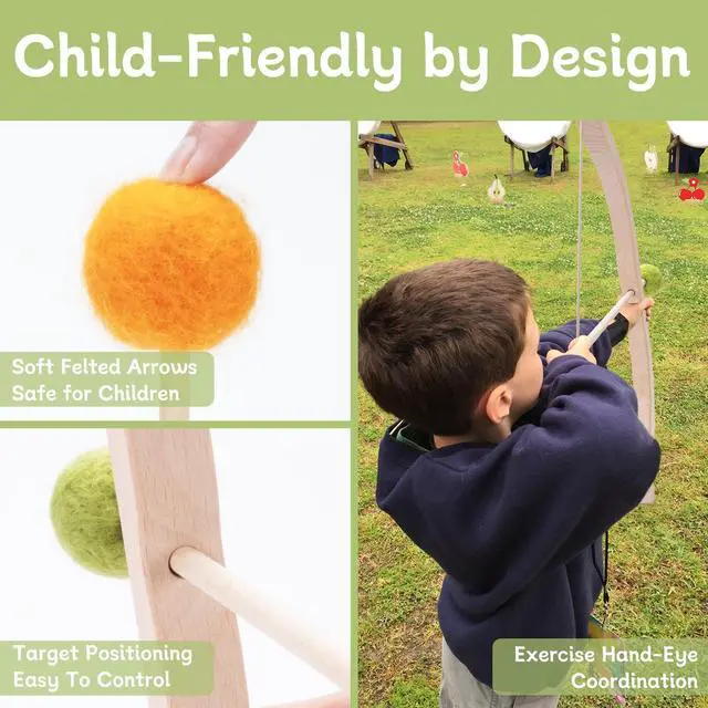 Alt view image 4 of 7 - Wooden Kids Bow and Arrow Set - Safe for Ages 3+, Indoor & Outdoor Archery Gift Toys for Children, Boys & Girls, Includes 5 Arrows, 5 Fruit Targets, 1 Cotton Quiver