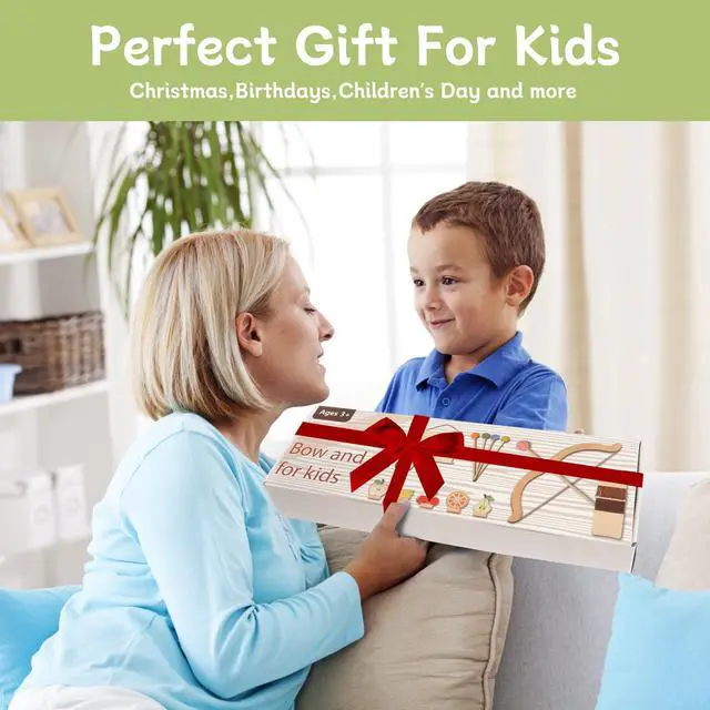Alt view image 7 of 7 - Wooden Kids Bow and Arrow Set - Safe for Ages 3+, Indoor & Outdoor Archery Gift Toys for Children, Boys & Girls, Includes 5 Arrows, 5 Fruit Targets, 1 Cotton Quiver