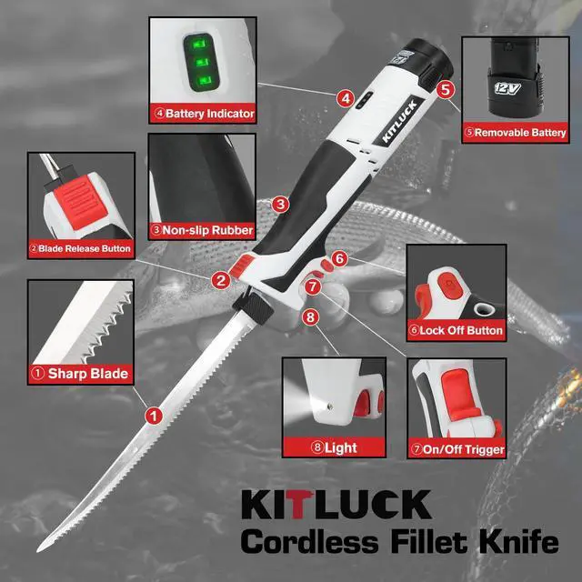 Alt view image 4 of 7 - Cordless Electric Fillet Knife - 12V Cordless Fishing Knife with 6'', 8'' and 10'' Stiff Blades, 2 Rechargeable Battery Packs, 1 Charger, Electric Fish Fillet for Fishing, Filleting