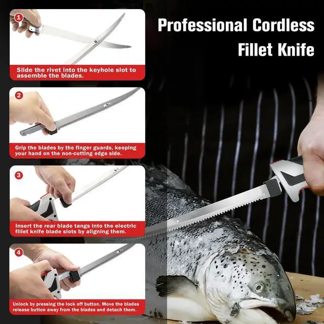 Alt view image 6 of 7 - Cordless Electric Fillet Knife - 12V Cordless Fishing Knife with 6'', 8'' and 10'' Stiff Blades, 2 Rechargeable Battery Packs, 1 Charger, Electric Fish Fillet for Fishing, Filleting