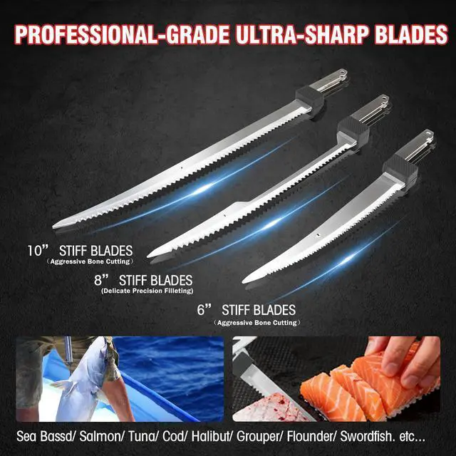 Alt view image 3 of 7 - Cordless Electric Fillet Knife - 12V Cordless Fishing Knife with 6'', 8'' and 10'' Stiff Blades, 2 Rechargeable Battery Packs, 1 Charger, Electric Fish Fillet for Fishing, Filleting