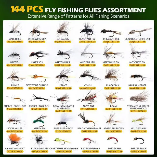 Alt view image 3 of 7 - Fly Fishing Flies Kit, 54pcs Dry Wet Flies Streamers Nymphs with Wooden Fly Box, Bass Trout Steelhead Salmon Lures Set Assortment Kit, Gifts for Men