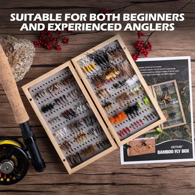Alt view image 2 of 7 - Fly Fishing Flies Kit, 54pcs Dry Wet Flies Streamers Nymphs with Wooden Fly Box, Bass Trout Steelhead Salmon Lures Set Assortment Kit, Gifts for Men