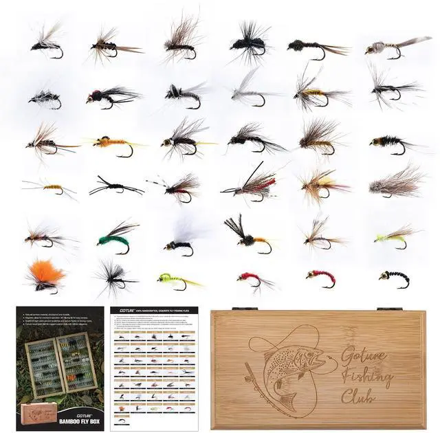 Main image of Fly Fishing Flies Kit, 54pcs Dry Wet Flies Streamers Nymphs with Wooden Fly Box, Bass Trout Steelhead Salmon Lures Set Assortment Kit, Gifts for Men