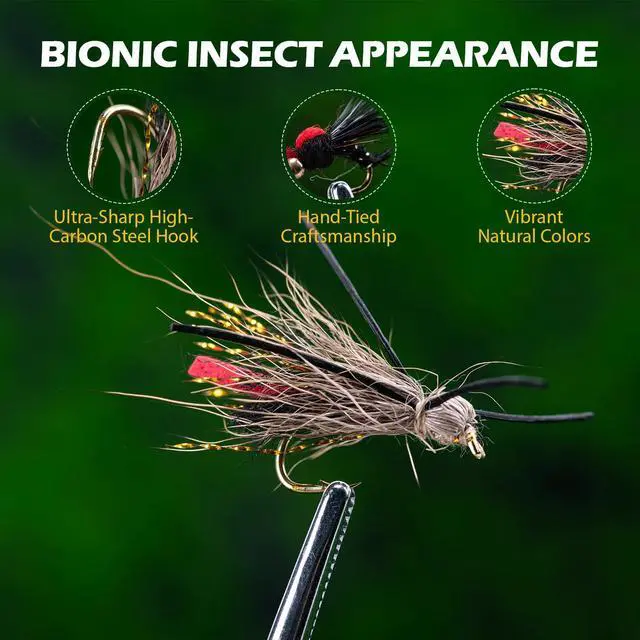 Alt view image 4 of 7 - Fly Fishing Flies Kit, 54pcs Dry Wet Flies Streamers Nymphs with Wooden Fly Box, Bass Trout Steelhead Salmon Lures Set Assortment Kit, Gifts for Men