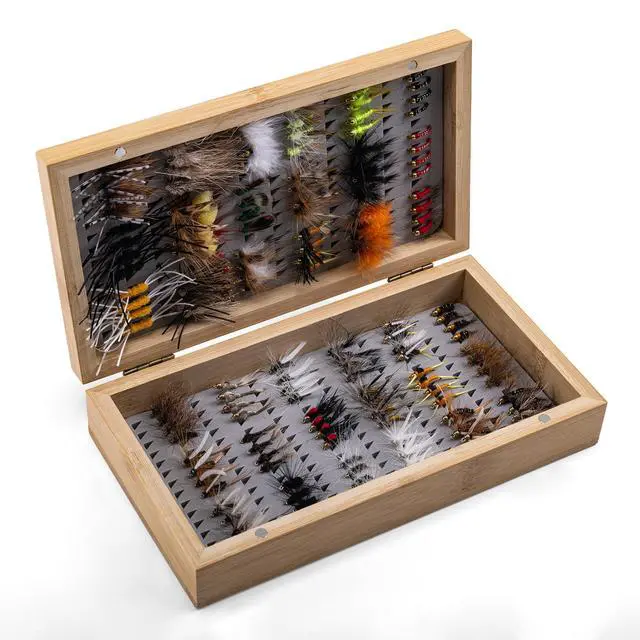 Alt view image 7 of 7 - Fly Fishing Flies Kit, 54pcs Dry Wet Flies Streamers Nymphs with Wooden Fly Box, Bass Trout Steelhead Salmon Lures Set Assortment Kit, Gifts for Men