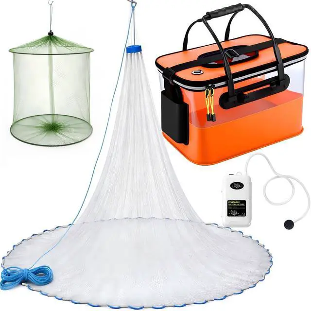 Main image of 3 Pcs Fishing Bucket, Live Bait Aerator and Fishing Cast Net with Heavy Duty Sinker Foldable Live Bait Bucket Portable Quiet Aerator Fish Transport Container Outdoor EVA Bag