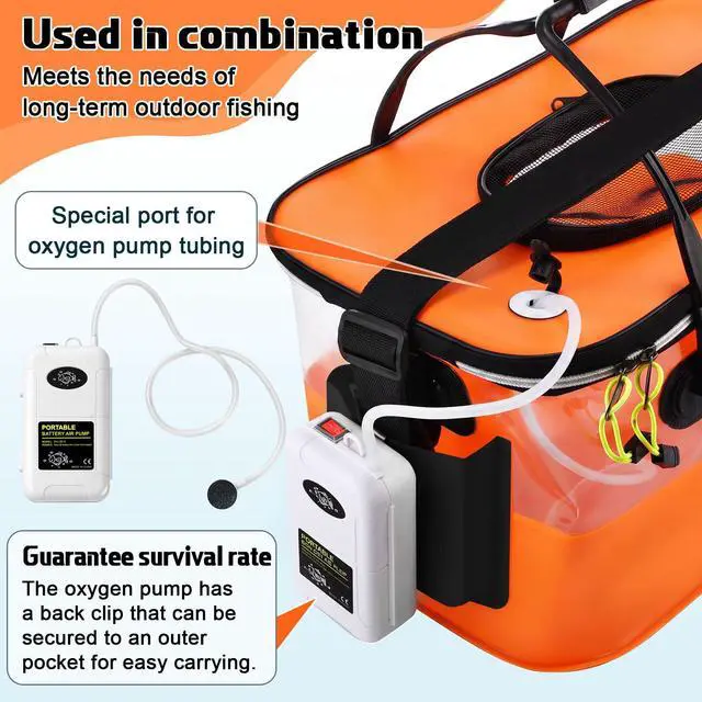 Alt view image 3 of 7 - 3 Pcs Fishing Bucket, Live Bait Aerator and Fishing Cast Net with Heavy Duty Sinker Foldable Live Bait Bucket Portable Quiet Aerator Fish Transport Container Outdoor EVA Bag