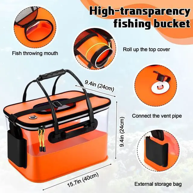Alt view image 2 of 7 - 3 Pcs Fishing Bucket, Live Bait Aerator and Fishing Cast Net with Heavy Duty Sinker Foldable Live Bait Bucket Portable Quiet Aerator Fish Transport Container Outdoor EVA Bag