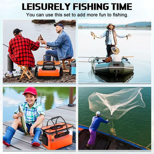 Alt view image 7 of 7 - 3 Pcs Fishing Bucket, Live Bait Aerator and Fishing Cast Net with Heavy Duty Sinker Foldable Live Bait Bucket Portable Quiet Aerator Fish Transport Container Outdoor EVA Bag