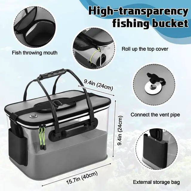 Alt view image 2 of 7 - 3 Pcs Fishing Bucket, Live Bait Aerator and Fishing Cast Net with Heavy Duty Sinker Foldable Live Bait Bucket Portable Quiet Aerator Fish Transport Container Outdoor EVA Bag