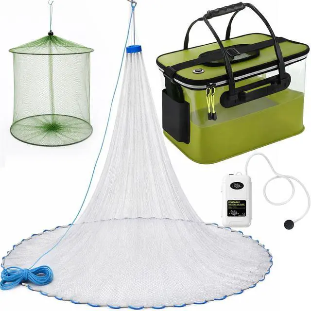 Main image of 3 Pcs Fishing Bucket, Live Bait Aerator and Fishing Cast Net with Heavy Duty Sinker Foldable Live Bait Bucket Portable Quiet Aerator Fish Transport Container Outdoor EVA Bag