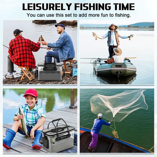 Alt view image 7 of 7 - 3 Pcs Fishing Bucket, Live Bait Aerator and Fishing Cast Net with Heavy Duty Sinker Foldable Live Bait Bucket Portable Quiet Aerator Fish Transport Container Outdoor EVA Bag