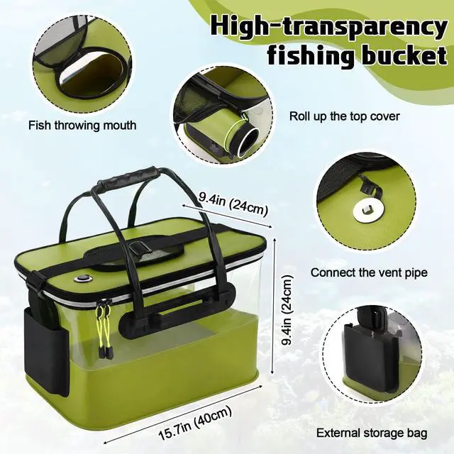 Alt view image 2 of 7 - 3 Pcs Fishing Bucket, Live Bait Aerator and Fishing Cast Net with Heavy Duty Sinker Foldable Live Bait Bucket Portable Quiet Aerator Fish Transport Container Outdoor EVA Bag