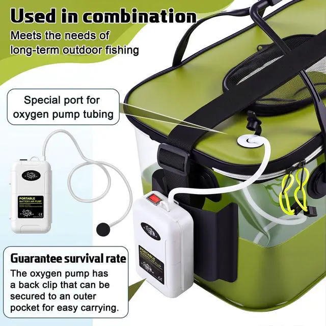 Alt view image 3 of 7 - 3 Pcs Fishing Bucket, Live Bait Aerator and Fishing Cast Net with Heavy Duty Sinker Foldable Live Bait Bucket Portable Quiet Aerator Fish Transport Container Outdoor EVA Bag