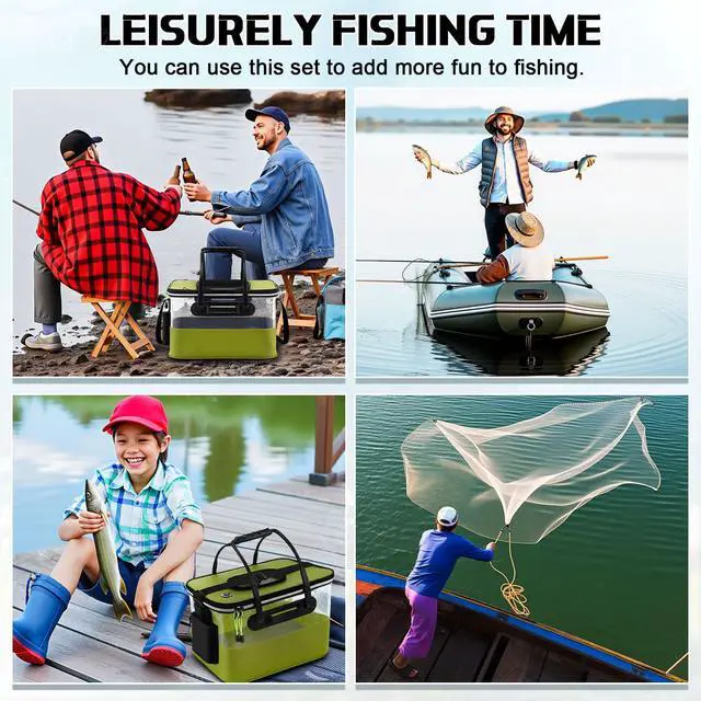 Alt view image 7 of 7 - 3 Pcs Fishing Bucket, Live Bait Aerator and Fishing Cast Net with Heavy Duty Sinker Foldable Live Bait Bucket Portable Quiet Aerator Fish Transport Container Outdoor EVA Bag