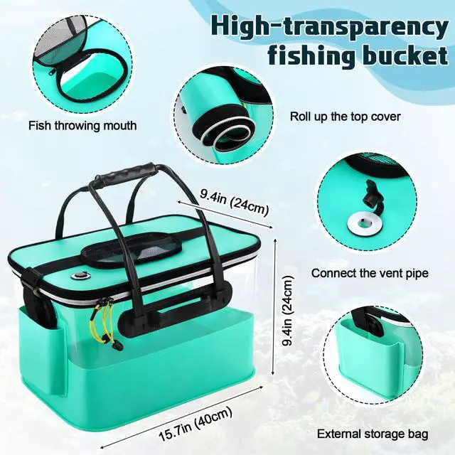 Alt view image 2 of 7 - 3 Pcs Fishing Bucket, Live Bait Aerator and Fishing Cast Net with Heavy Duty Sinker Foldable Live Bait Bucket Portable Quiet Aerator Fish Transport Container Outdoor EVA Bag