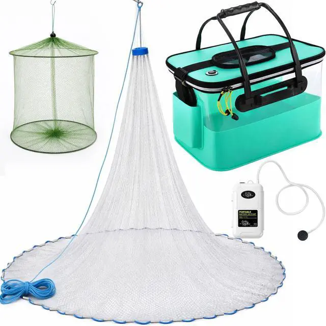 Main image of 3 Pcs Fishing Bucket, Live Bait Aerator and Fishing Cast Net with Heavy Duty Sinker Foldable Live Bait Bucket Portable Quiet Aerator Fish Transport Container Outdoor EVA Bag
