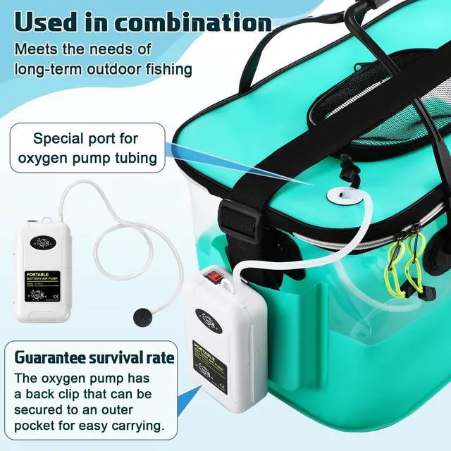 Alt view image 3 of 7 - 3 Pcs Fishing Bucket, Live Bait Aerator and Fishing Cast Net with Heavy Duty Sinker Foldable Live Bait Bucket Portable Quiet Aerator Fish Transport Container Outdoor EVA Bag