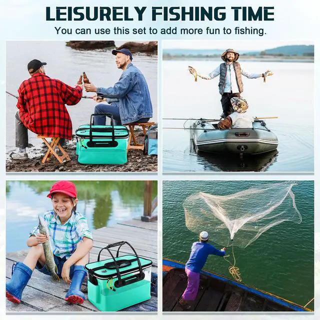 Alt view image 7 of 7 - 3 Pcs Fishing Bucket, Live Bait Aerator and Fishing Cast Net with Heavy Duty Sinker Foldable Live Bait Bucket Portable Quiet Aerator Fish Transport Container Outdoor EVA Bag