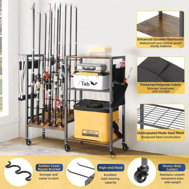 Alt view image 2 of 7 - Fishing Rod Holders, Rolling Fishing Rod Rack for Garage & Boat, Tackle Box & Reel Holder Cart, Easy Assembly Fishing Gear Management System, Ideal Birthday Gift for Men Dad Anglers