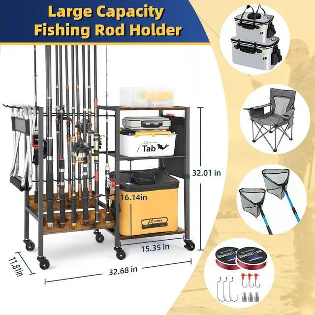Alt view image 3 of 7 - Fishing Rod Holders, Rolling Fishing Rod Rack for Garage & Boat, Tackle Box & Reel Holder Cart, Easy Assembly Fishing Gear Management System, Ideal Birthday Gift for Men Dad Anglers