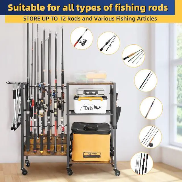 Alt view image 4 of 7 - Fishing Rod Holders, Rolling Fishing Rod Rack for Garage & Boat, Tackle Box & Reel Holder Cart, Easy Assembly Fishing Gear Management System, Ideal Birthday Gift for Men Dad Anglers