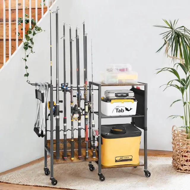 Alt view image 6 of 7 - Fishing Rod Holders, Rolling Fishing Rod Rack for Garage & Boat, Tackle Box & Reel Holder Cart, Easy Assembly Fishing Gear Management System, Ideal Birthday Gift for Men Dad Anglers