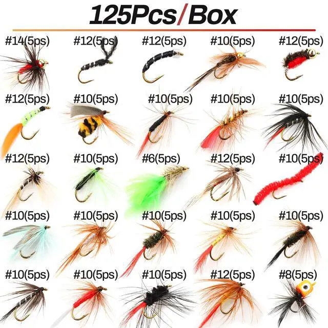 Alt view image 2 of 7 - Fly Fishing Flies 125pcs Lures Bait Trout Bass Dry Nymphs Wooly Bugger Tenkara Assortment Kit for Trout Fish Gifts Men