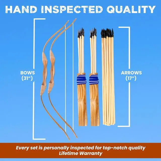 Alt view image 2 of 2 - Adventure Awaits | 2-Pack Handmade Wooden Bow and Arrow Set | 20 Wood Arrows and 2 Quivers | for Outdoor Training and Practice