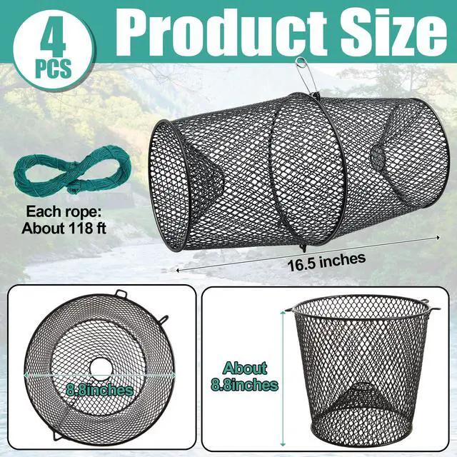 Alt view image 2 of 7 - 4 Set Minnow Trap Crawfish Trap with Closure Spring Clip and 4 Pcs Hand Ropes Fishing Trap for Crayfish Crawdad Lobster Crab Bait Metal Net Cage Crawfishing