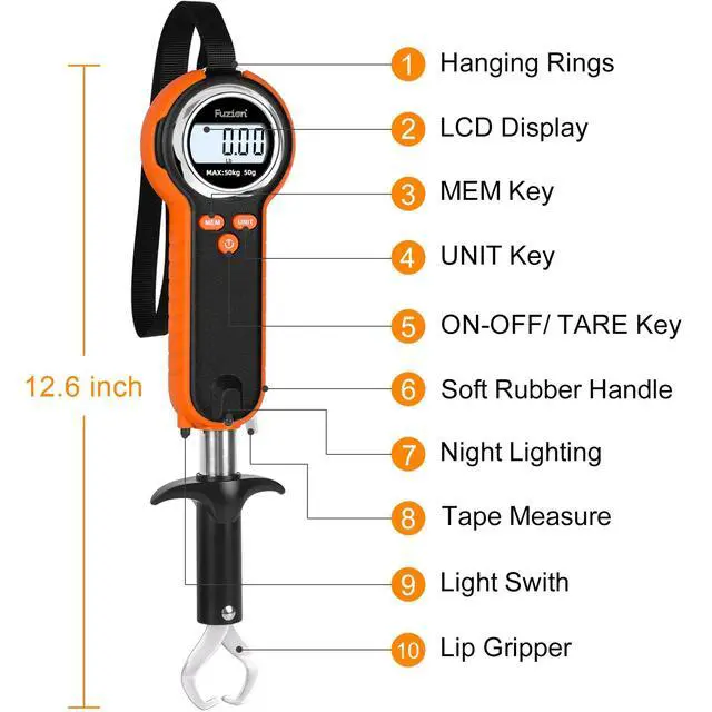 Alt view image 2 of 7 - Fish Scale, Professional Fishing Scale - 110lb Capacity, Waterproof, Night Light, Memory & Tape Measure | Portable Fish Weigh Kit w/Lip Gripper, Batteries & Pouch