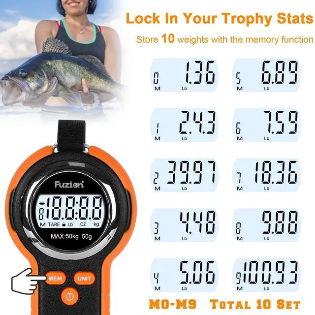 Alt view image 3 of 7 - Fish Scale, Professional Fishing Scale - 110lb Capacity, Waterproof, Night Light, Memory & Tape Measure | Portable Fish Weigh Kit w/Lip Gripper, Batteries & Pouch