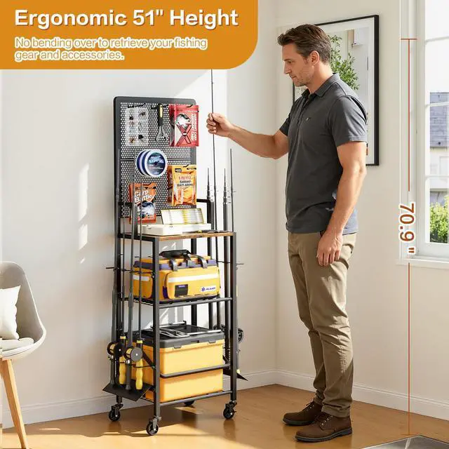 Alt view image 2 of 7 - Fishing Rod Holders, Rolling Fishing Rod Rack for Garage & Boat, Tackle Box & Reel Holder Cart, Easy Assembly Fishing Gear Management System, Ideal Birthday Gift for Men Dad Anglers