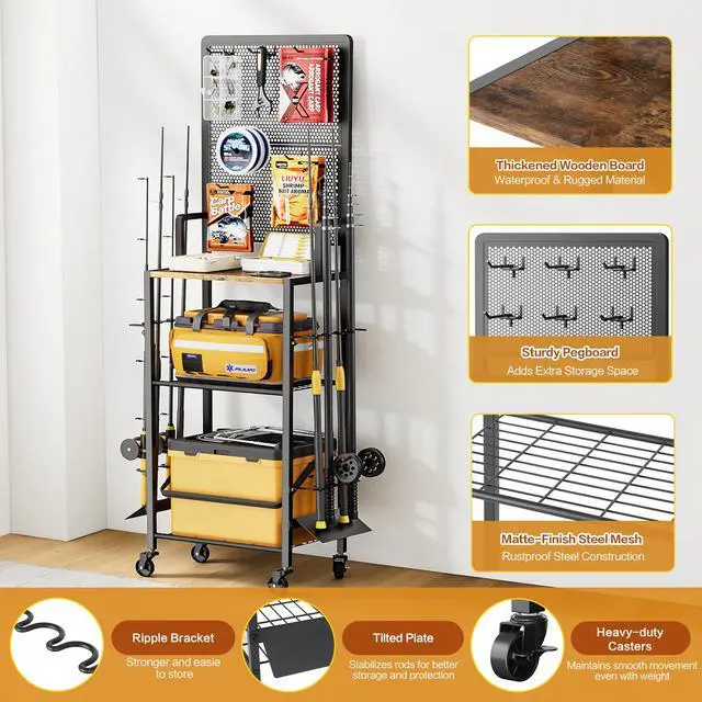 Alt view image 4 of 7 - Fishing Rod Holders, Rolling Fishing Rod Rack for Garage & Boat, Tackle Box & Reel Holder Cart, Easy Assembly Fishing Gear Management System, Ideal Birthday Gift for Men Dad Anglers