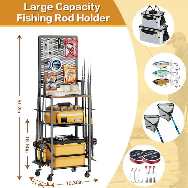 Alt view image 5 of 7 - Fishing Rod Holders, Rolling Fishing Rod Rack for Garage & Boat, Tackle Box & Reel Holder Cart, Easy Assembly Fishing Gear Management System, Ideal Birthday Gift for Men Dad Anglers