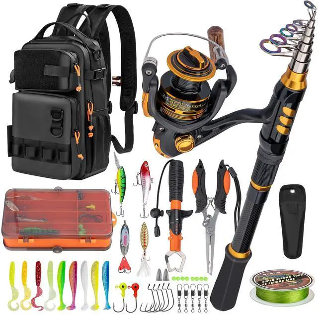 Main image of Fishing Rod and Reel Combo with Backpack, Telescoping Fishing Pole Spinning Reel Kit with Fishing Lures, Pliers and Fish Lip Gripper for Adults