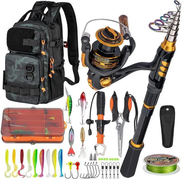 Main image of Fishing Rod and Reel Combo with Backpack, Telescoping Fishing Pole Spinning Reel Kit with Fishing Lures, Pliers and Fish Lip Gripper for Adults