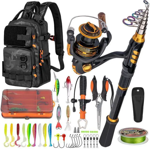 Main image of Fishing Rod and Reel Combo with Backpack, Telescoping Fishing Pole Spinning Reel Kit with Fishing Lures, Pliers and Fish Lip Gripper for Adults