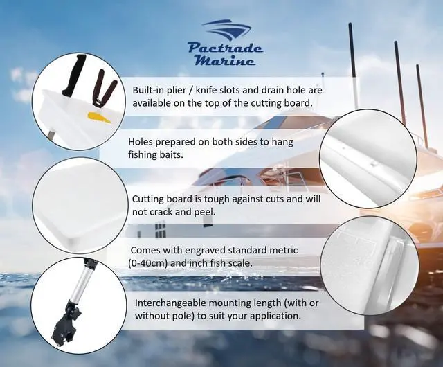 Alt view image 3 of 7 - Bait Cutting Board for Boat - Adjustable Fish Cleaning Filet Table with Compartments, Knife Slots, and Engraved Fish Scale | Easy to Transport & Store (Rail Mount with Angled Leg)