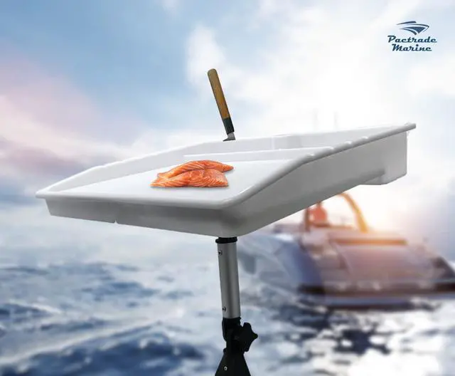 Alt view image 5 of 7 - Bait Cutting Board for Boat - Adjustable Fish Cleaning Filet Table with Compartments, Knife Slots, and Engraved Fish Scale | Easy to Transport & Store (Rail Mount with Angled Leg)