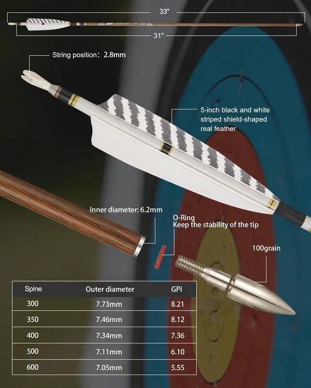 Alt view image 3 of 6 - 31" Pure Carbon Hunting Arrows with 5" Real Turkey Feathers Fletching and Removable Tips - 300/350/400/500/600 Spine for Compound & Recurve Bow 12 PCS